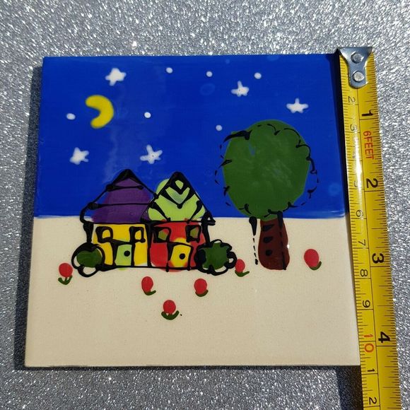 Robin Sterling Art Tile Ceramic Trivet Coaster 2 Houses Night Moon 4.25" RARE - Picture 5 of 11